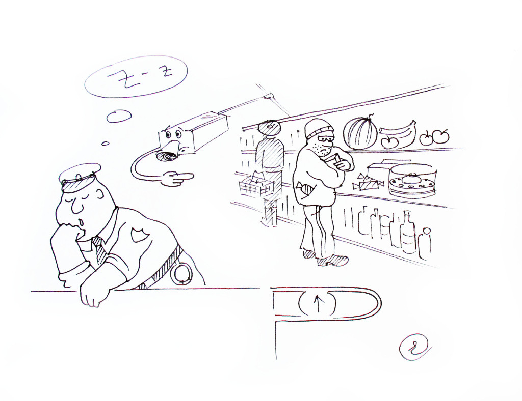 Рисунок - видеокамера с глазками грустно смотрящая как в магазине посетитель прячет товар, при этом руками и мимикой пытается это показать, но охранник спит.