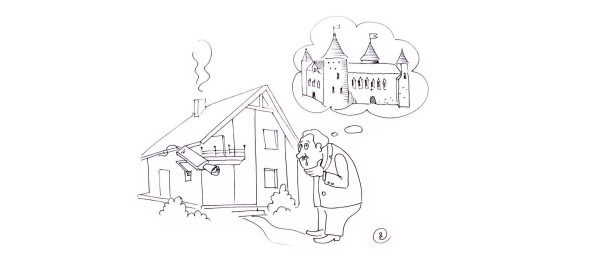 Рисунок как представляет себе человек свой дом в виде крепости и как на самом деле выглядит даже с установленной видеокамерой.